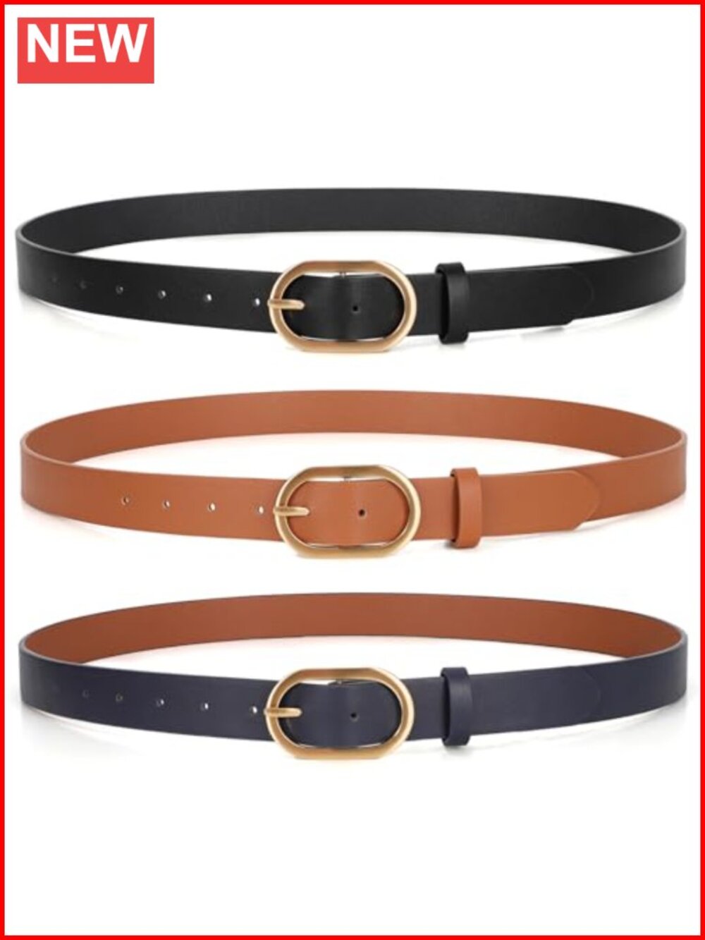 3 Pack Plus Size Women's PU Leather Belts with Gold Buckle